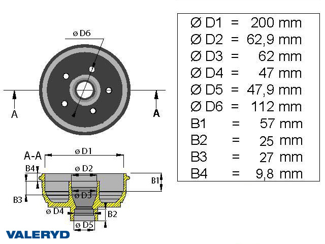 Bromstrumma 200x50 5x112 passar till BPW/Peitz med Knottbroms mm-lager; utan gänga för hjulbult