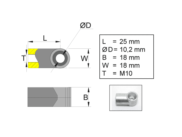 Fästögla för gasfjäder; L=25; M10